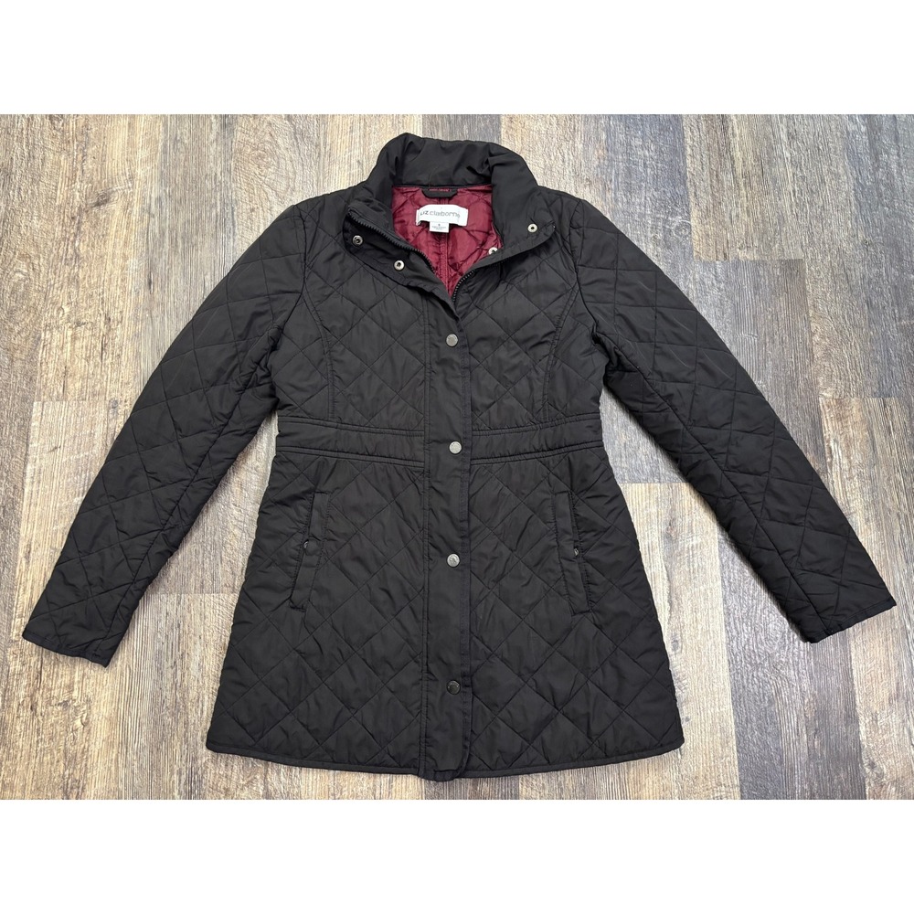 Liz Claiborne Black Quilted Barn Jacket Coat Women Small Burgundy Lining RN93677 - Picture 1 of 5